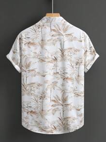Men's Turndown Collar Button Front Tropical Plants Print Summer Casual Short Sleeve Shirt