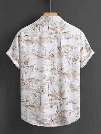 男士翻领纽扣前开襟热带植物印花夏季休闲短袖衬衫