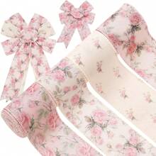 1pc/4pcs Pink Floral Wired Ribbon 2.5 Inch Vintage Rose Flower Ribbon For Bow Wreath Craft Gift Wrap Spring Summer Holiday Wedding Birthday Shower Party Home Decor
