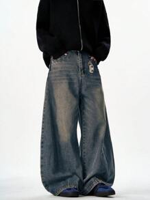 1 pieza Pantalones vaqueros anchos y holgados para hombre con efecto desgastado y lavado vintage, estilo casual y de moda estadounidense