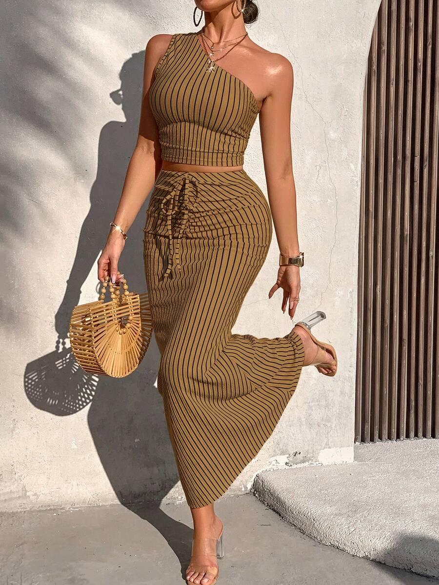 AIJ Amarilo Women's Summer Casual Striped One-Shoulder Ruffle Crop Top And Ruffle Fishtail Skirt 2-Piece Set (Random Print) - View 1