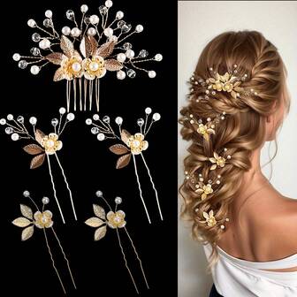 5pcs/Set Women Bridal Hair Accessories Set, Gold Alloy Leaf Flower Hair Clips 4pcs, White Pearl Hair Comb 1pc, Vintage Wedding Hair Decor