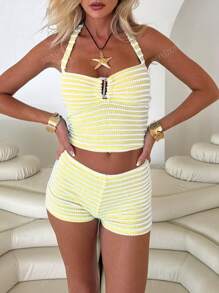 2Pcs Set Knit Striped Contrast Color Resin Decor Halter Top And Shorts Beach Outfit