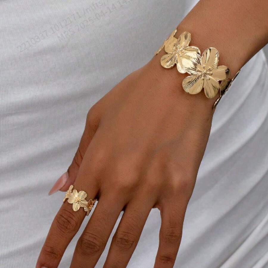 2pcs Delicate Floral Decor Ring And Bangle Set, Suitable For Women Attending Night Party, Cocktail, Holiday, Gift-Giving - Bracelet Ring Set - View 1