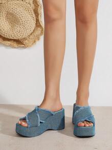 Soft Pale Blue Washed Denim Peep Toe Cross Strap Chunky Platforms, Premium Soft Leather Insole, Slip Resistant Sole, Comfort Fit Thick Sole Wedge Sandals, Versatile Classic Fashion