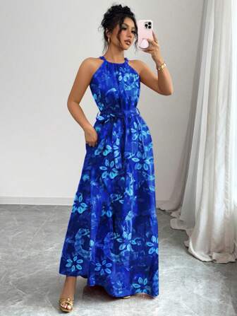 优雅时尚花卉印花吊带连衣裙，适合夏季