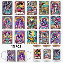 Conjunto de 15 adesivos temáticos de cartas de tarô de caveira, adesivos de cristal à prova d'água e resistentes a arranhões, adequados para copos de vidro, canecas, artesanatos e outras superfícies lisas, uma ótima opção para decorar itens pessoais