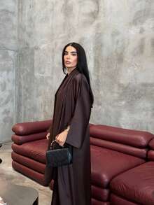 1pc Women Simple Solid Color Cardigan Robe, Comfortable Satin Modest Dress, Elegant Islamic Abaya For Middle East, Arabic Dubai Style, Suitable For Daily, Party, Travel And Holidays, Kaftan - Coffee Brown - View 6