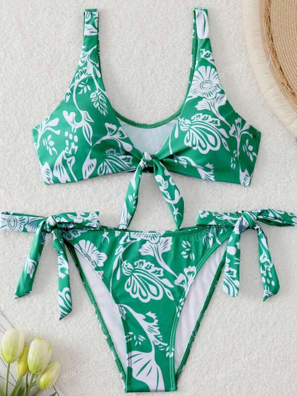 Último conjunto de bikini de envoltura casual con estampado floral dulce, perfecto para vacaciones de verano en la playa
