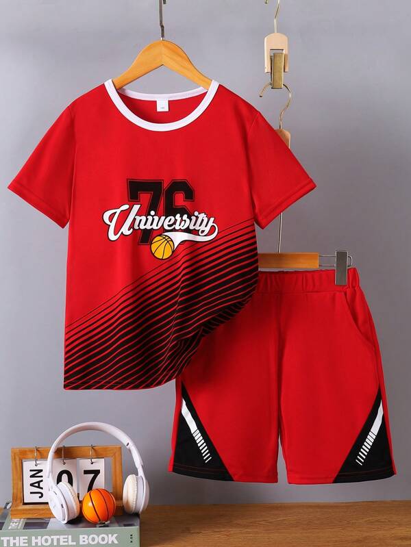 2pcs/Set Kids Summer Numeric 76 & Letter Print Mesh Quick-Dry Round Neck Short Sleeve Top + Stitching Shorts Set For Ages 7-11, Suitable For Sports, Casual, Basketball, Outdoor Activities