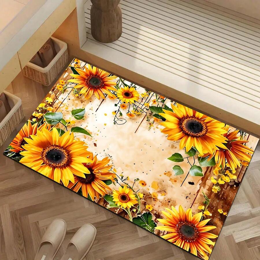 1pc Sunflower Pattern Area Rug, Living Room Floor Mat, Office Pad, Suitable For Drip Mat, Coffee Mat, Living Room, Bedroom, Bathroom, Kitchen, Home Decor, Indoor Decoration, Room Accessories - Yellow - View 1