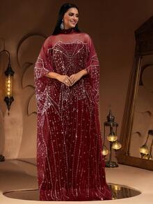 New Luxury High-End Sequin, Sequins & Lace Patchwork Elastic Underlayer Women's Elegant 2 Pieces Turkish Robe Dress (Size Runs Large, Customers Advised To Check Size When Ordering) - Màu Đỏ Sâu - Xem 3