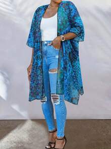 Plus Size Women Allover Floral Print Cover Up Open Front Kimono Vacation Beach - View 2