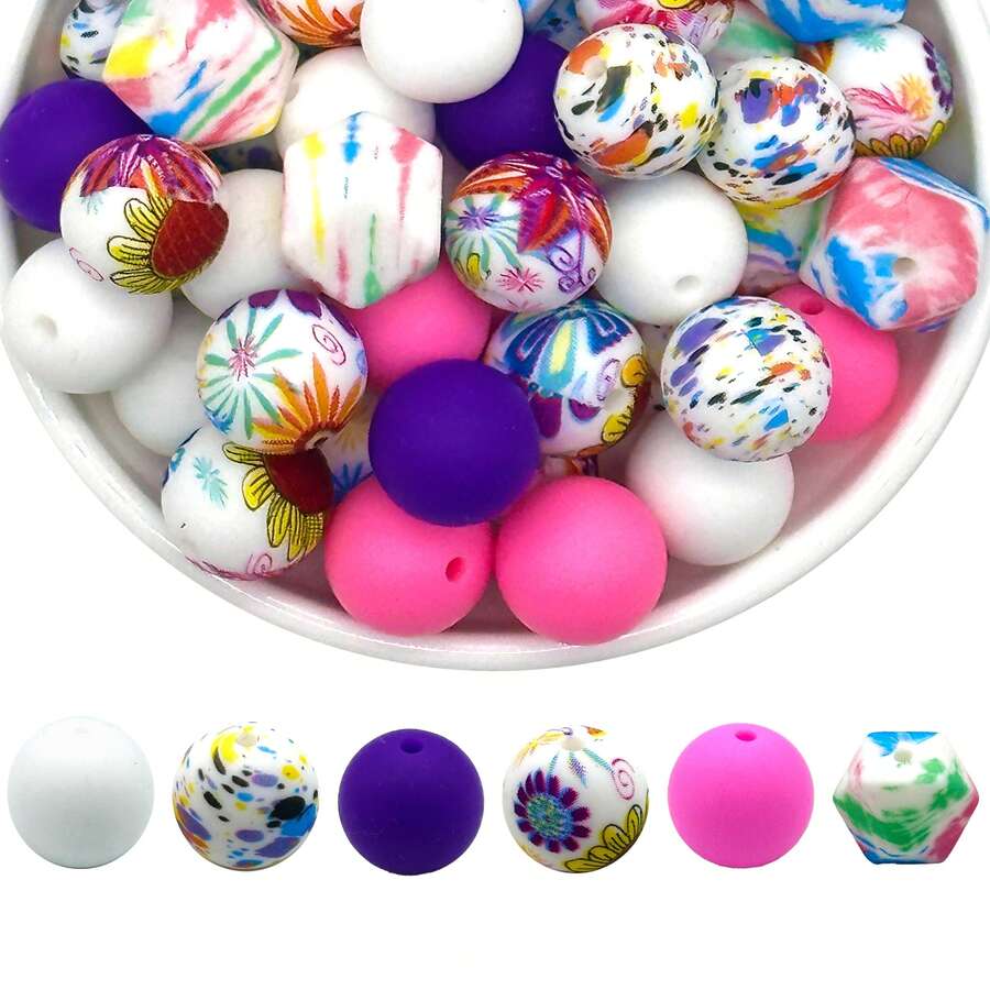 30pcs Assorted Bright Colorful Silicone Round Beads, 3D Silicone Beads For DIY Crafting Necklace, Bracelet, Keychain, Accessory Making