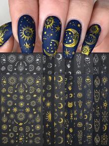 2/8/16pcs Gold & Silver Foil 3D Embossed Moon, Sun, Snake, Star, Mythology Eye Nail Art Stickers, Melbourne Style, Self-Adhesive, Suitable For Women & Girls Fashion DIY Manicure Nails Nail Supplies - Multicolor - View 1