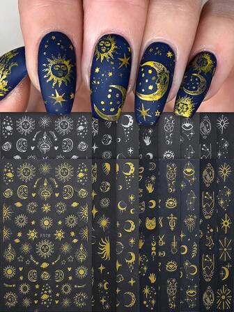 2/8/16 Pieces Of Gold And Silver Hot Stamping 3D Three-Dimensional Moon Sun God Snake Star Moon Myth Eye Nail Stickers, Melbourne Style, Self-Adhesive Disposable, Suitable For Ladies And Girls Fashion DIY Nail Art