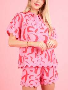 Women's Shorts Two-Piece Set Zebra Print Button Short-Sleeved Shirt + Shorts Two-Piece Set Home - Pink - View 3