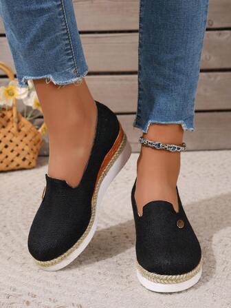 Chaussures Glissant pour femmes, style loafer décontracté, semelle épaisse en lin de grande taille