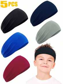 5pcs Kids Sports Headbands, Toddler Absorbent Elastic Sweatbands For Boys, Sweat-Wicking Headband For Sports, Yoga, Running, Workout, Golf, Camping, Tennis