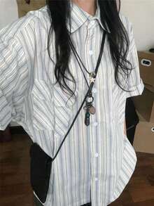 Women's Vintage Style Japanese School Uniform Formal Blue Striped Short Sleeve Shirt, Summer