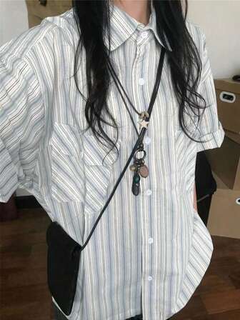 Kvinnors vintagestil japansk skoluniform formell blårandig kortärmad skjorta, sommar