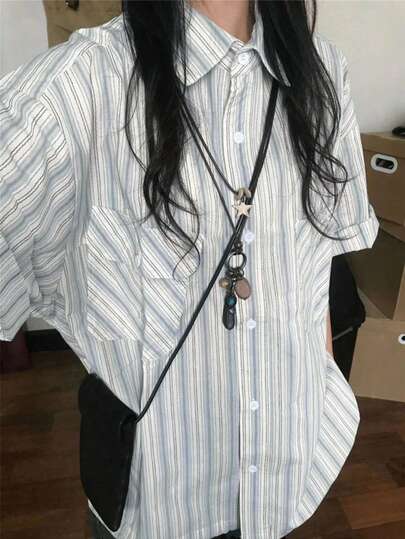 女士复古日系校服风格蓝白条纹短袖衬衫，夏季休闲款