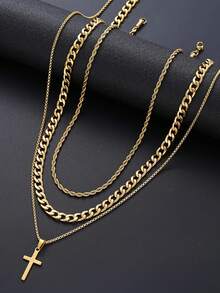 3pcs Hollow Cross Chain Necklace With Twisted Rope Chain, Best Gift For Friends, Fashionable For Daily And Vacation Wear - Gold - View 3