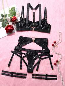 3件套女士性感红色网纱透明吊袜带和文胸套装