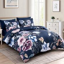 7 Pieces Purple Floral Comforter Sets Full Queen King Bed In A Bag,Elegant Flower Comforter With Sheet Set, Soft Microfiber Bedding Set For Wedding Items,Valentines Day Home Bed Room Decor,Mothers Day Gift,All Season - Navy and Blue - 查看 2