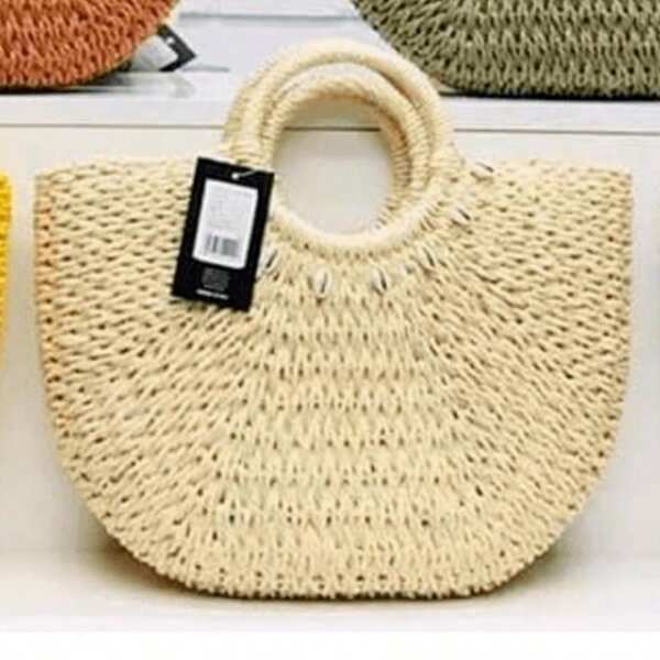 1 bolsa de palha de vime de papel decorada com conchas, grande capacidade, para viagem na praia, férias, verão, cesta de vegetais redonda, adequada para praias no exterior, viagens de férias, deslocamento diário e festas de encontros.