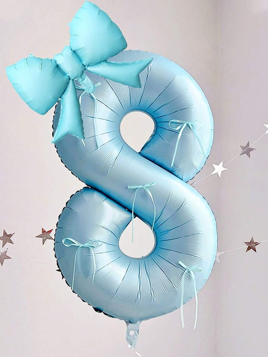 2pcs Matte Blue Bow Balloon Set, 40 Inch Blue Number Balloons Suitable For Birthday Party, Anniversary Decoration - Multicolor - View 1