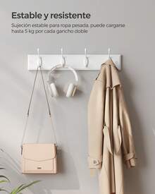 SONGMICS Perchero de Pared, 4 Ganchos Dobles de Metal, para Abrigos, Bolsos, Llaves, en la Entrada, Dormitorio, Salón, Premontado, Blanco Nube - Blanco - Ver 4