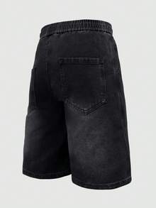 Casual Lightweight Washed Denim Shorts For Men, Summer Drawstring Elastic Waist Loose Knee Length Bermuda Shorts Jorts - Black - View 6