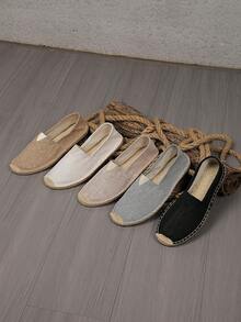 男士休闲乐福鞋，帆布绳底平底鞋，度假休闲一脚蹬鞋；编织透气布鞋，草编防滑平底凉鞋 Old Money - 純色亞麻 - 查看 3