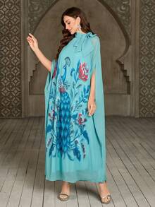 Women's Tie Neck Peacock Print Abaya Robe, Elegant Random Print - Green - View 4