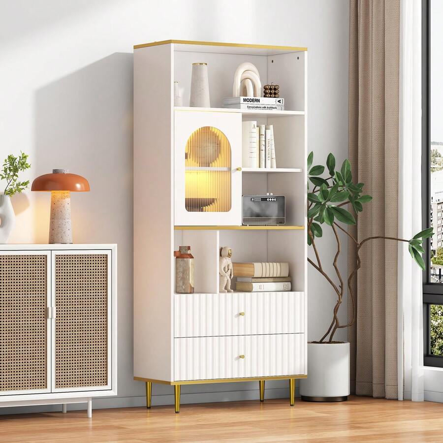 LED-Lit Bookcase, Glass Fronts, 5 Compartments, 2 Drawers, Adjustable Shelves, 78 X 36 X 190 Cm, White