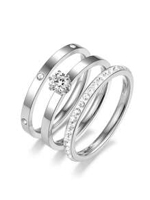 Conjunto de 3 anéis de aço inoxidável com zircônia cúbica, banhados a ouro 18K, hipoalergênicos, estilo elegante, adequados para uso diário e festas femininas, presente