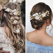 4pcs Gold Leaf Hair Combs, Handmade Bridal Flower Hair Accessories, Wedding Pearl Hair Ornaments, Hairpin & Hairclip Set