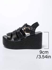 Sandálias de Plataforma com Cunha Romana de Plus Size para Mulheres, Cor Sólida com Fivela de Metal, Tecido Macio e Respirável, Adequado para Uso Diário, Reuniões, Casual com Calças ou Saias, Moda e Conforto, Essencial para o Guarda-roupa