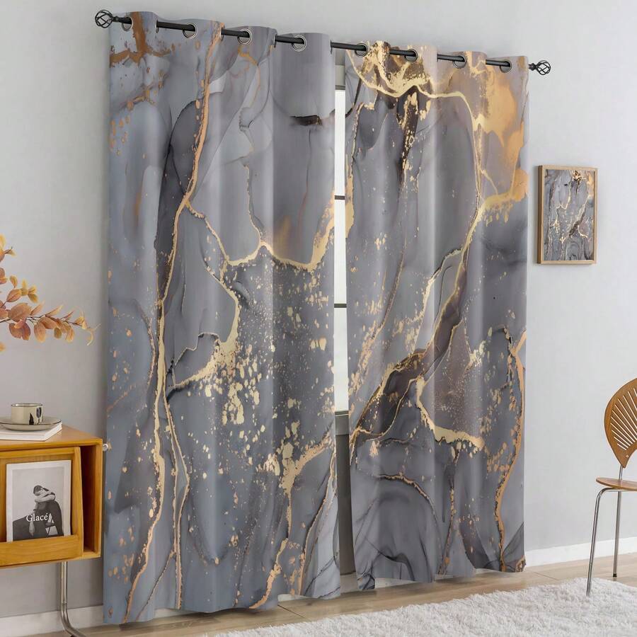 2 piezas de Cortinas semi-transparentes con patrón de mármol de alta definición, hechas de poliéster, adecuadas para dormitorio, sala de estar, oficina y decoración del hogar, diseño de bolsillo para varilla compatible con varillas