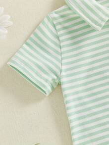 Ropa de verano para bebés varones, camisetas de verano para bebés pequeños, estampado de rayas, bordado de pato, cuello vuelto, manga corta, camisetas casuales - Verde - Ver 4