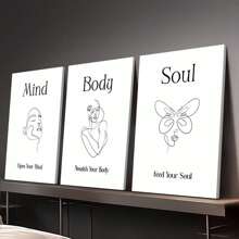 3 piezas Cuadros de pared con marco de madera, pinturas decorativas de lienzo - "Mente y Body", "Avanzando con los Tiempos", "Declaración de Energía Positiva", Mural Zen, Arte de Línea Blanco y Negro, Decoración de Pared para el Hogar, Dormitorio, Sala de Estar