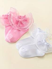 2 Pairs Thin 100% Cotton Kids Socks, Solid Color Cute Mid-Calf Socks, Breathable Lace Trim Princess Socks For Girls, Spring/Summer - Multicolor - View 2