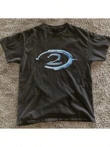 Black Retro Halo 2 T-Shirt With A Blue Logo, Vintage Gaming Shirt, Y2K Advertising Campaign, All-Season Family Tee. - 黑色 - 查看 1