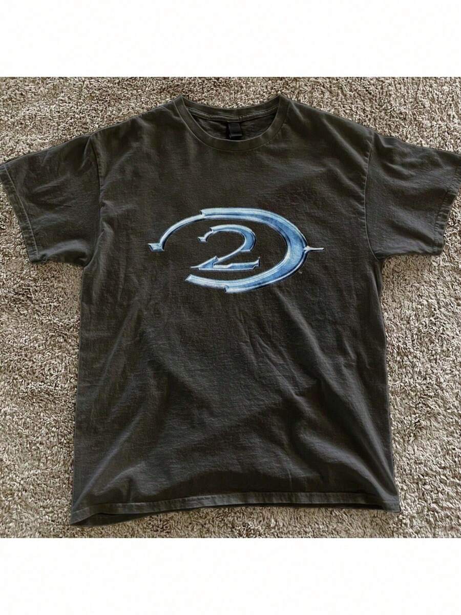 Black Retro Halo 2 T-Shirt With A Blue Logo, Vintage Gaming Shirt, Y2K Advertising Campaign, All-Season Family Tee. - 黑色 - 查看 1