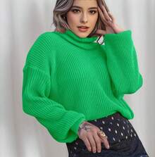 Women's Cold Weather Blouse Turtleneck Knitted Sweater - Green - View 1