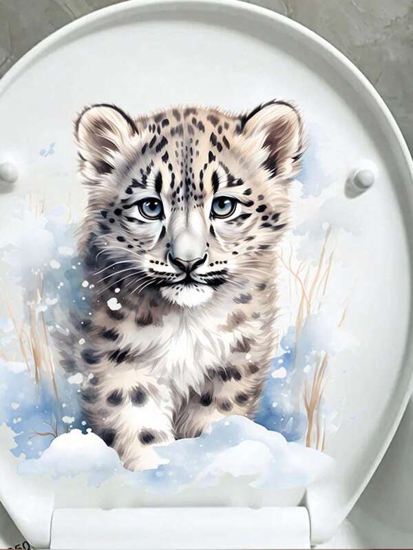 1pc Winter Snow Leopard Animal Toilet Stickers, Bathroom Self-Adhesive PVC Wall Stickers