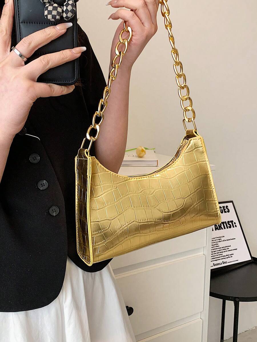 Nueva bolsa de hombro y debajo del brazo de moda de piel sintética de PU con grabado de cocodrilo en estilo baguette - Dorado - Ver 1