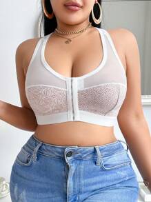 Plus Size Front Closure Comfortable Wireless Mesh Patchwork Camisole
