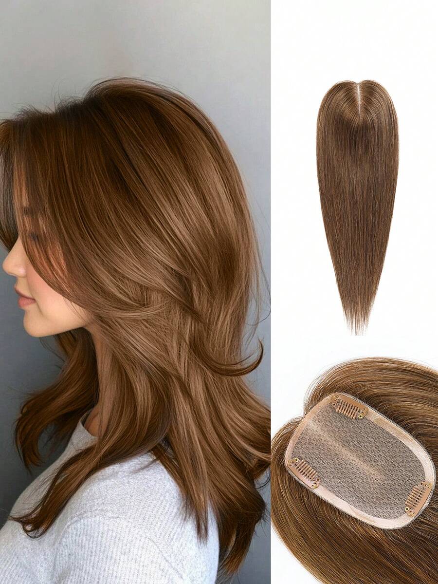 real me. Medium Hair Topper One Piece With 3 Clips 3x4inch Skin Scalp Remy Human Hair Toppers For Women With Hair Loss Or Thin Hair - S4 - View 1